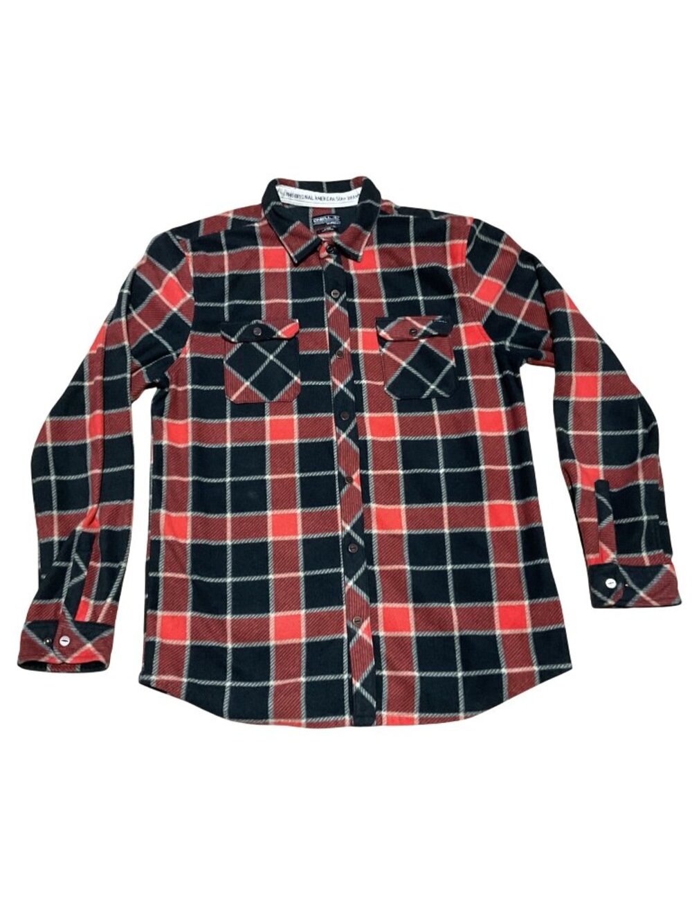 ONeill Flannel Shacket Sz L Tailored Fit Red & Black Plaid Button-Up Surfer Mens